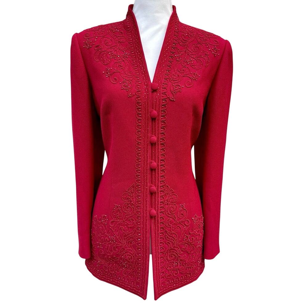 Vintage Red Embellished Blazer Jacket 8 Medium, Beaded, Padded Shoulder Corpcore